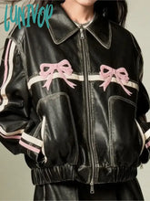 Lunivop New Bow Y2K Motorcycle Pu Leather Jacket For Women Zipper Polo-Neck Sweet Cool Coat 2024
